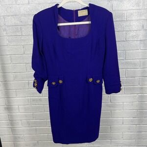 VTG Alberto Makali Wool‎ Purple Sheath Dress Gold Buttons Womens Old Money